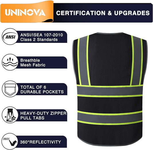 High Visibility Safety Vest - Multi Pockets Reflective Mesh Breathable Workwear, ANSI/ISEA Standards (Large, Black Mesh-02)