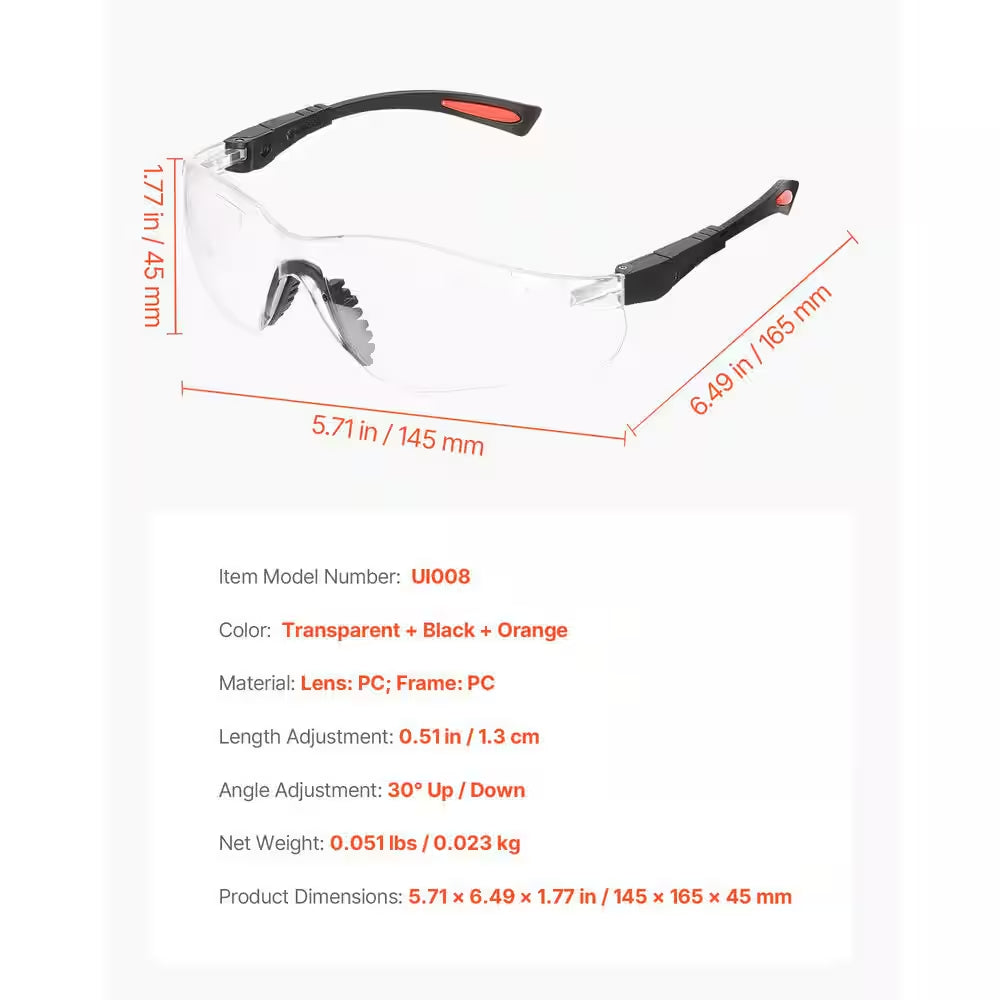 Safety Glasses Anti-Fog and Scratch-Resistant Clear Lens Safety Goggles with Adjustable Length and Angle ANSI Z87. 1