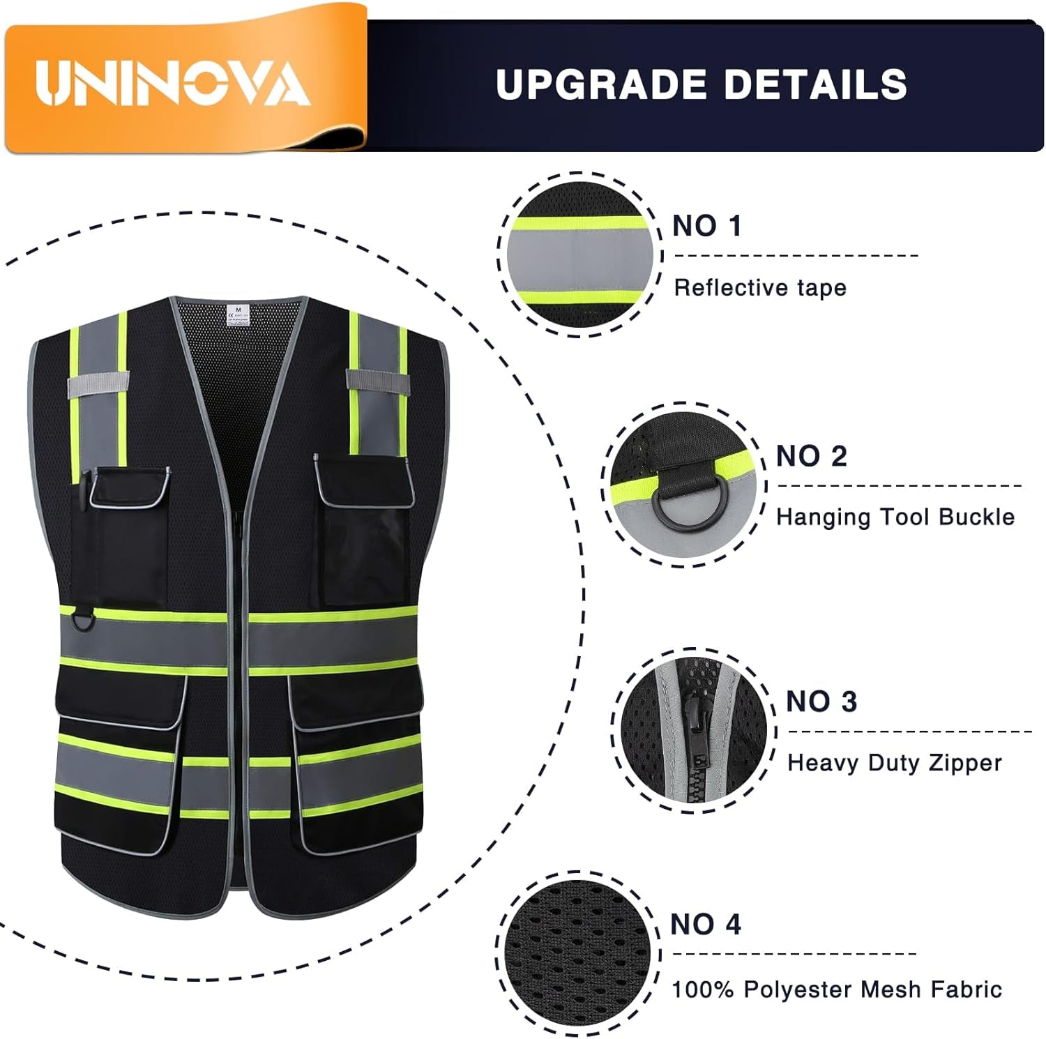 High Visibility Safety Vest - Multi Pockets Reflective Mesh Breathable Workwear, ANSI/ISEA Standards (Large, Black Mesh-02)