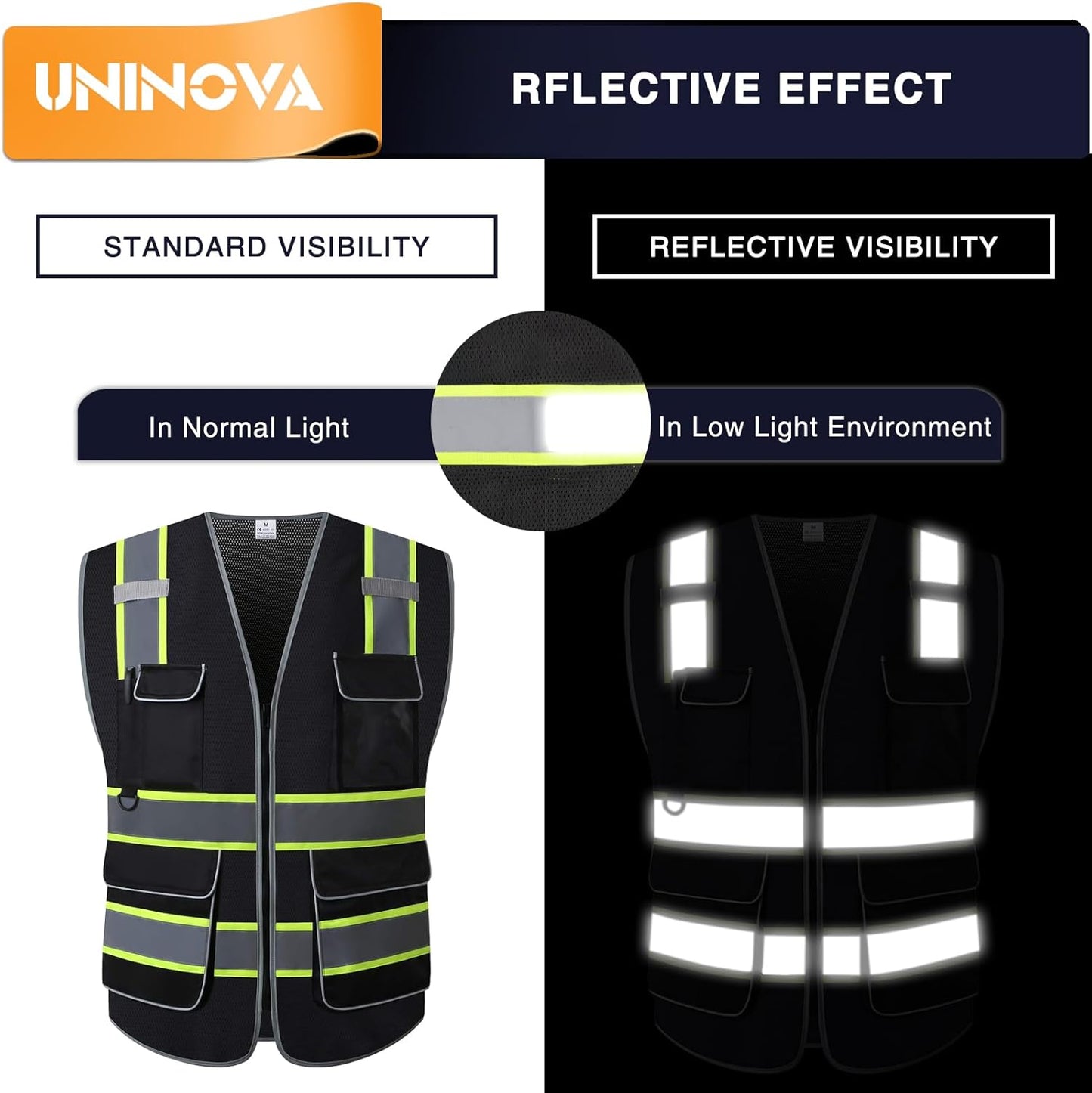 High Visibility Safety Vest - Multi Pockets Reflective Mesh Breathable Workwear, ANSI/ISEA Standards (Large, Black Mesh-02)