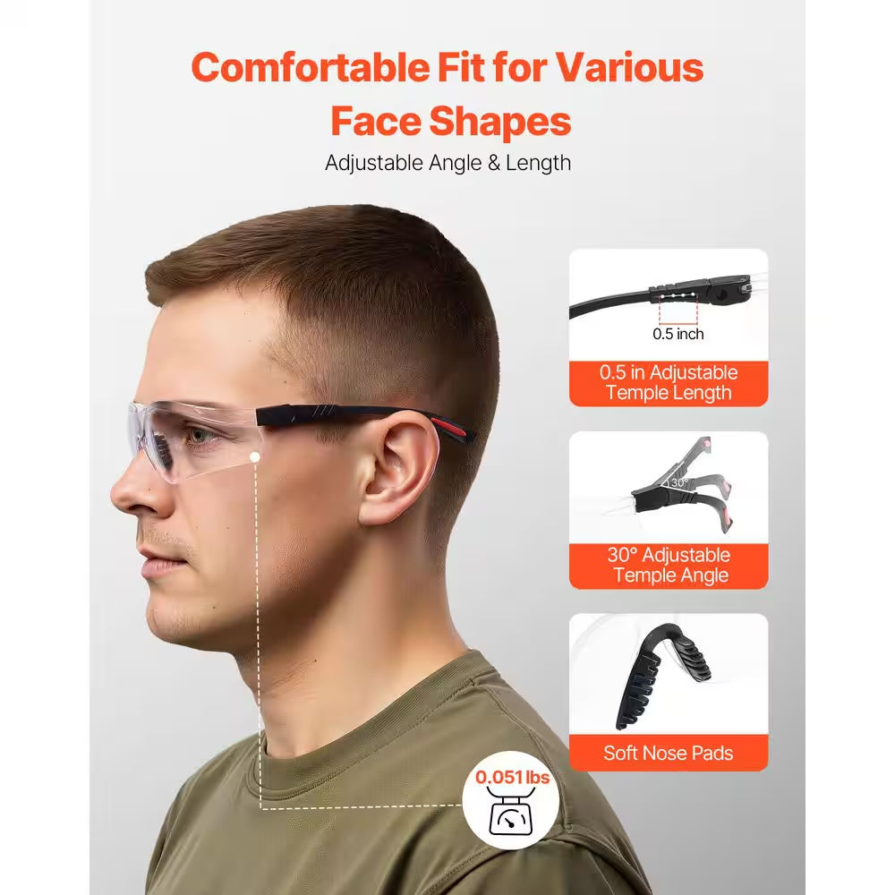 Safety Glasses Anti-Fog and Scratch-Resistant Clear Lens Safety Goggles with Adjustable Length and Angle ANSI Z87. 1