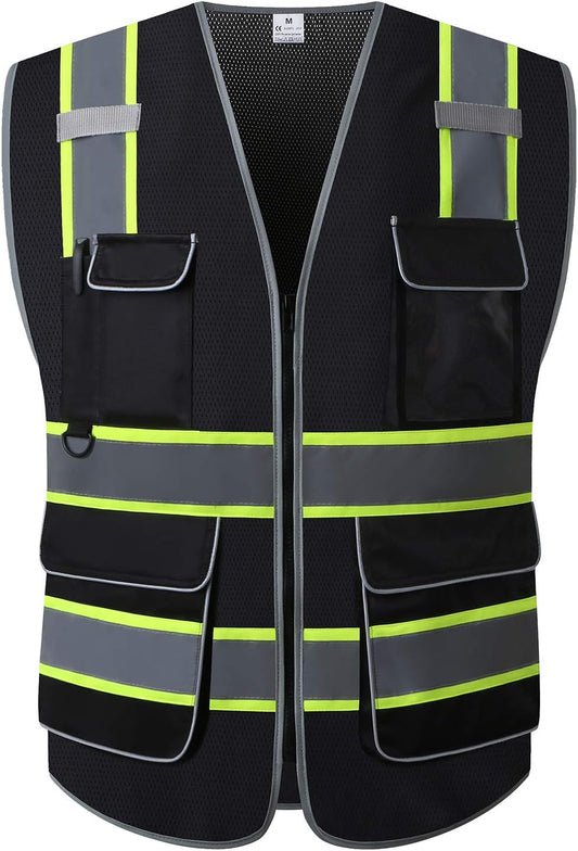 High Visibility Safety Vest - Multi Pockets Reflective Mesh Breathable Workwear, ANSI/ISEA Standards (Large, Black Mesh-02)