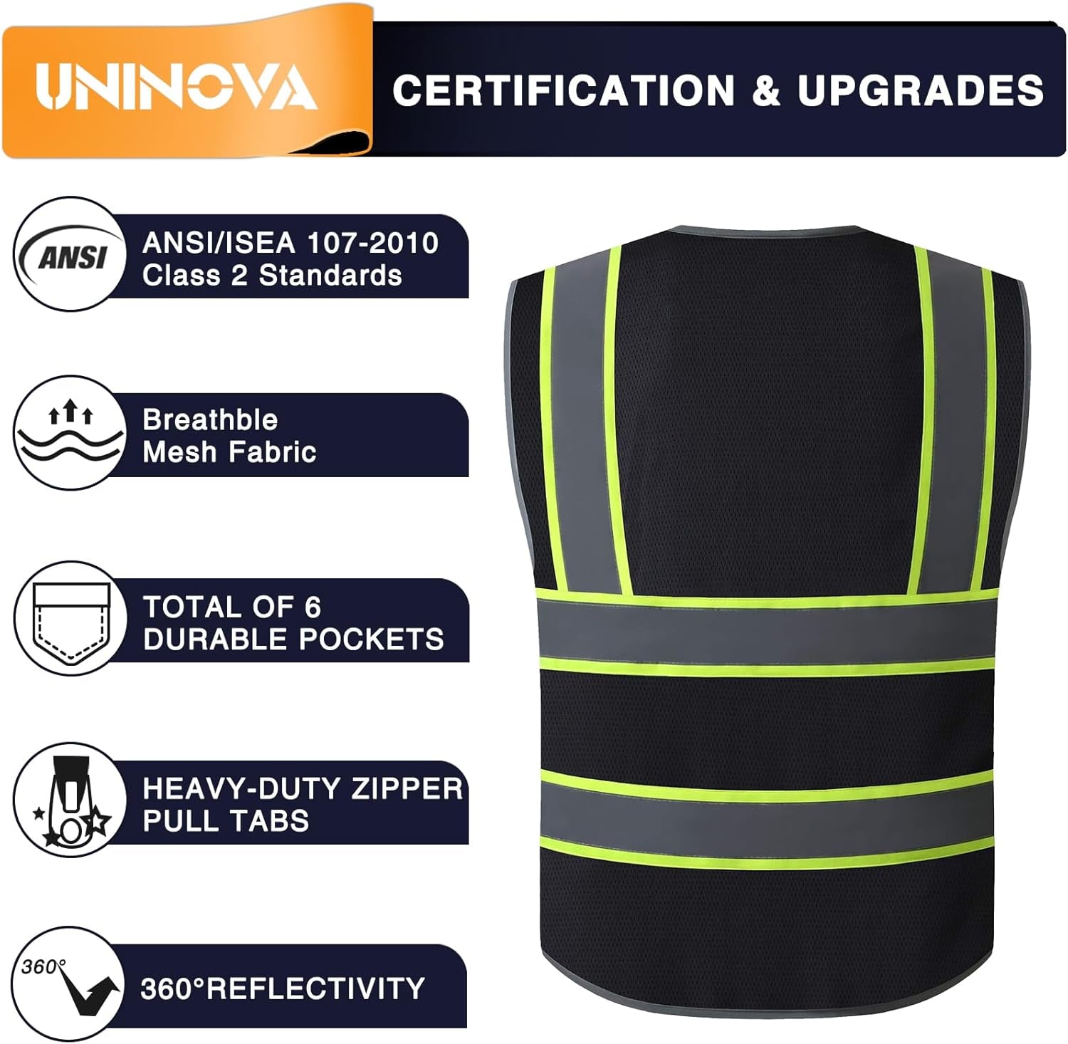 High Visibility Safety Vest - Multi Pockets Reflective Mesh Breathable Workwear, ANSI/ISEA Standards (Large, Black Mesh-02)