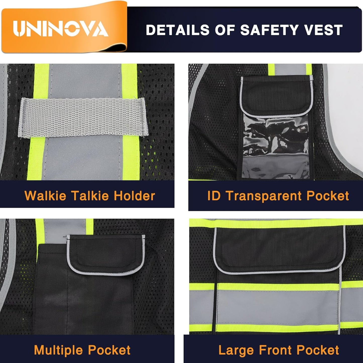 High Visibility Safety Vest - Multi Pockets Reflective Mesh Breathable Workwear, ANSI/ISEA Standards (Large, Black Mesh-02)