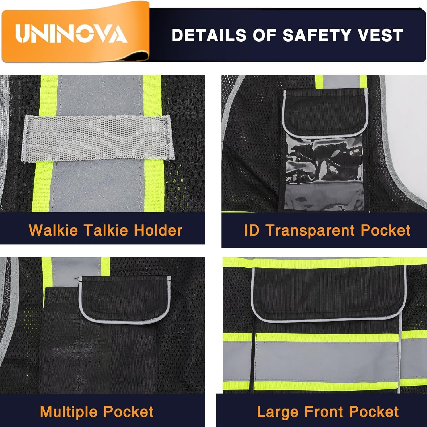 High Visibility Safety Vest - Multi Pockets Reflective Mesh Breathable Workwear, ANSI/ISEA Standards (Large, Black Mesh-02)